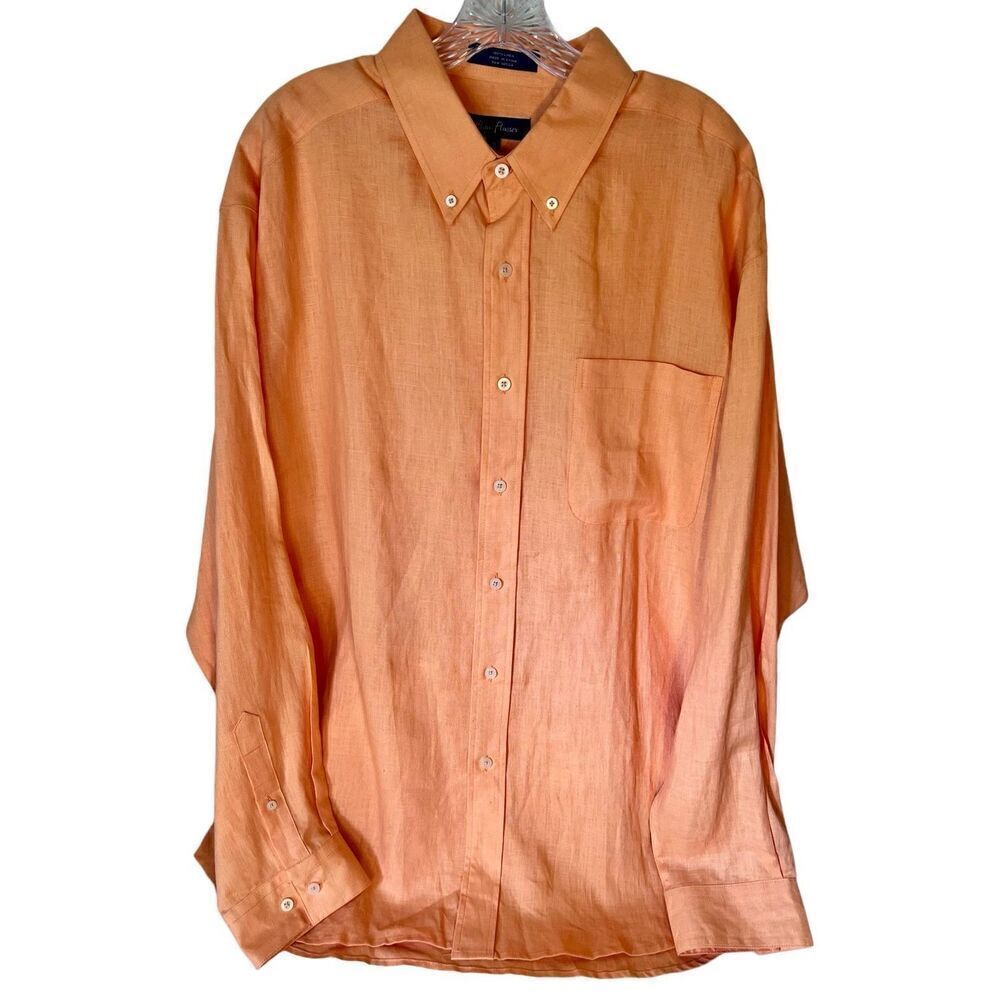 Alan Flusser Shirt Mens XL Orange Linen Long Sleeve Button Up Casual Preppy